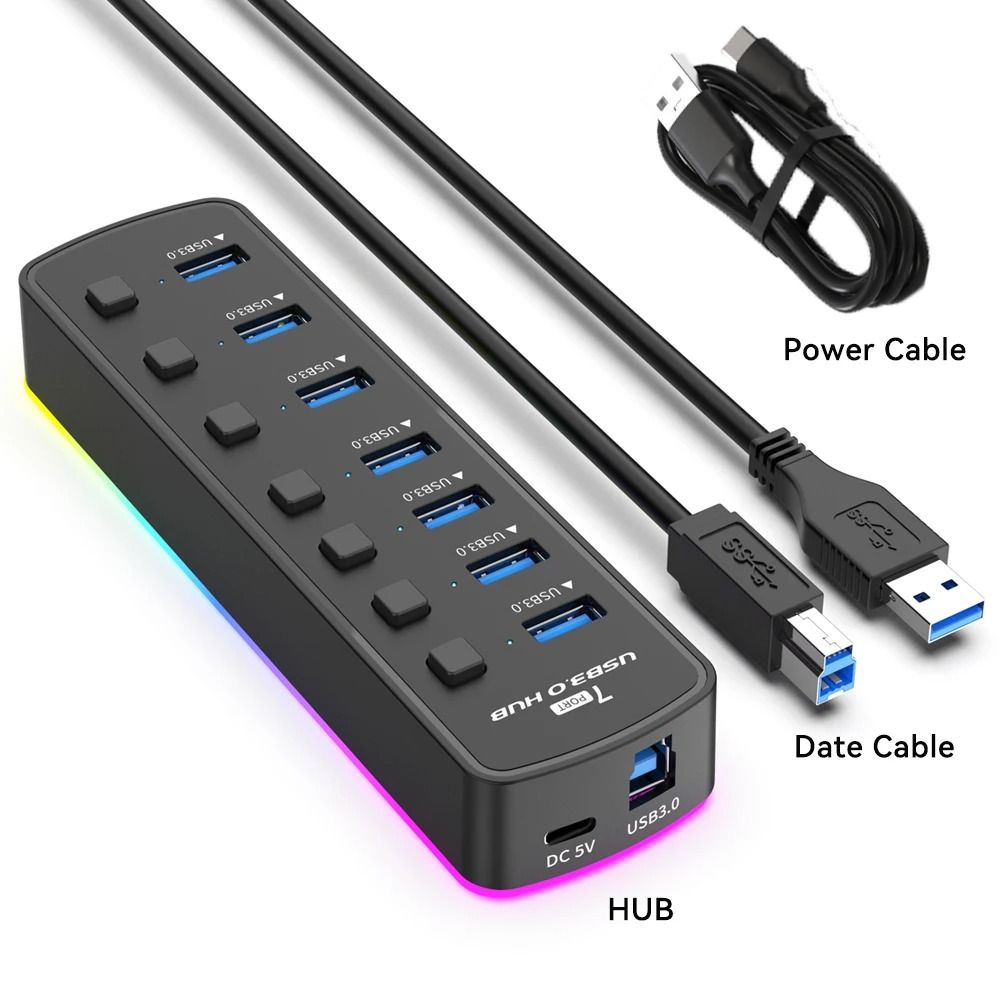 RGB USB 30 Hub 7 Ports Data Port Adapter 5Gbps Individual On Off Switch 6