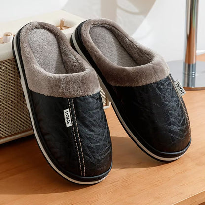 UltimateWarm PU Leather Waterproof Winter Slippers  Big Size Mens Indoor Home FurLined Shoes 1