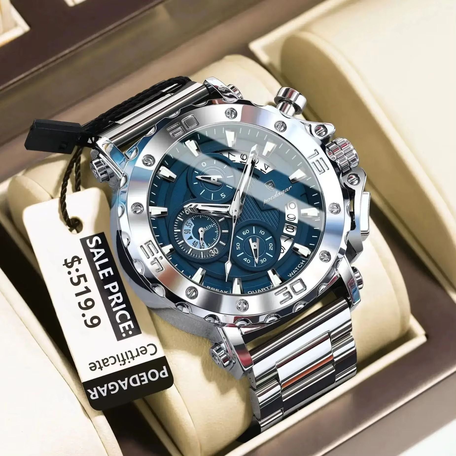 POEDAGAR Luxury Mens Stainless Steel Chronograph Watch Waterproof Luminous Calendar Quartz 1