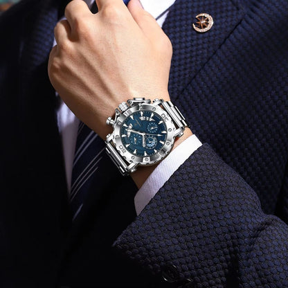 POEDAGAR Luxury Mens Stainless Steel Chronograph Watch Waterproof Luminous Calendar Quartz 4