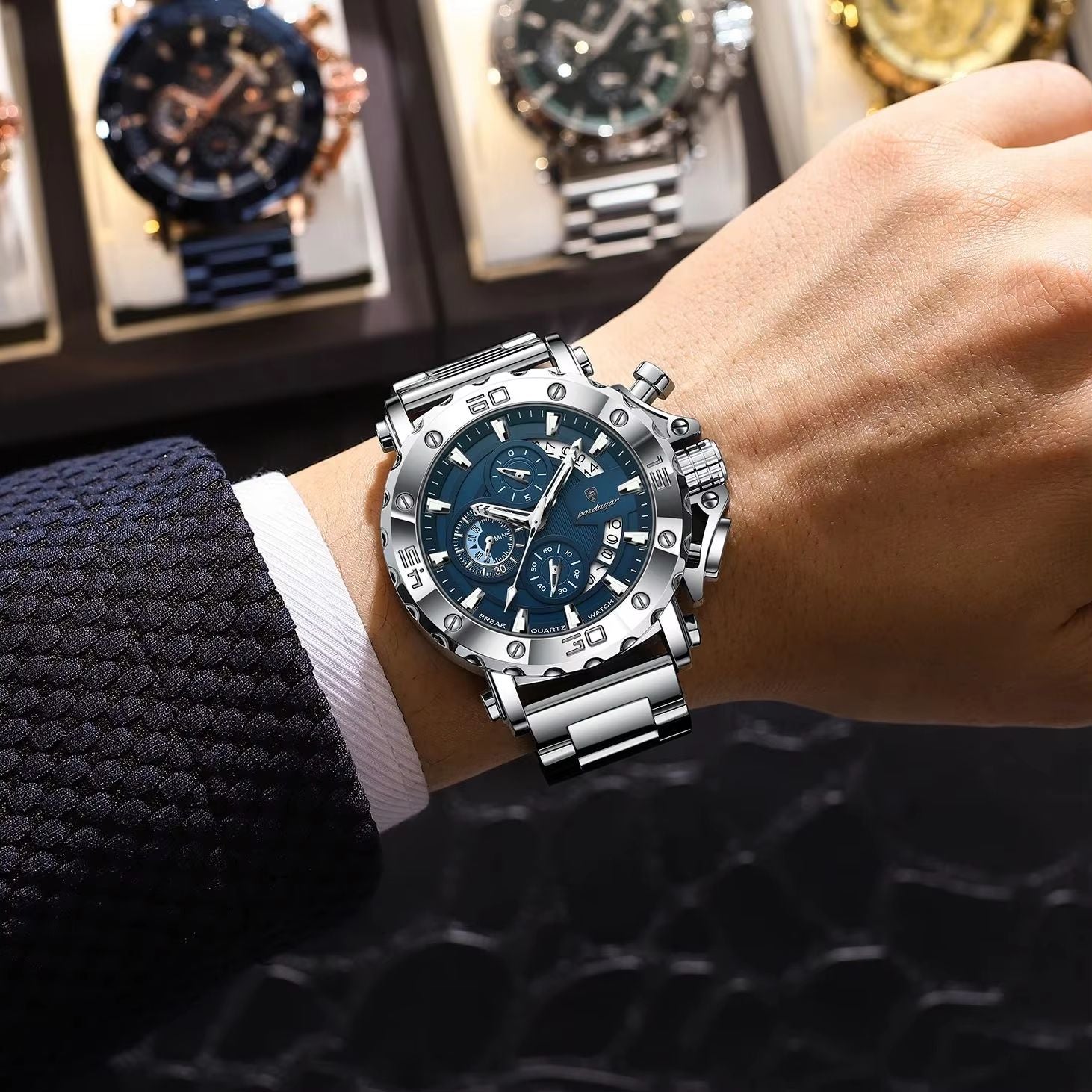 POEDAGAR Luxury Mens Stainless Steel Chronograph Watch Waterproof Luminous Calendar Quartz 5