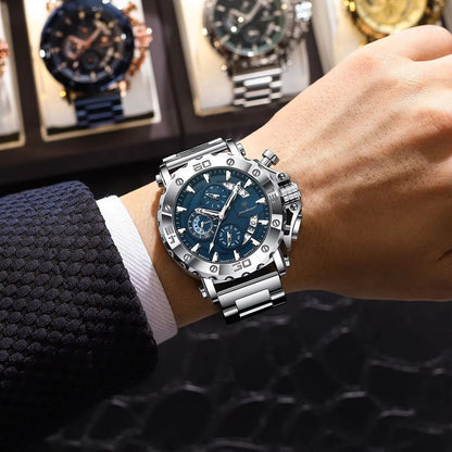 POEDAGAR Luxury Mens Stainless Steel Chronograph Watch Waterproof Luminous Calendar Quartz 5