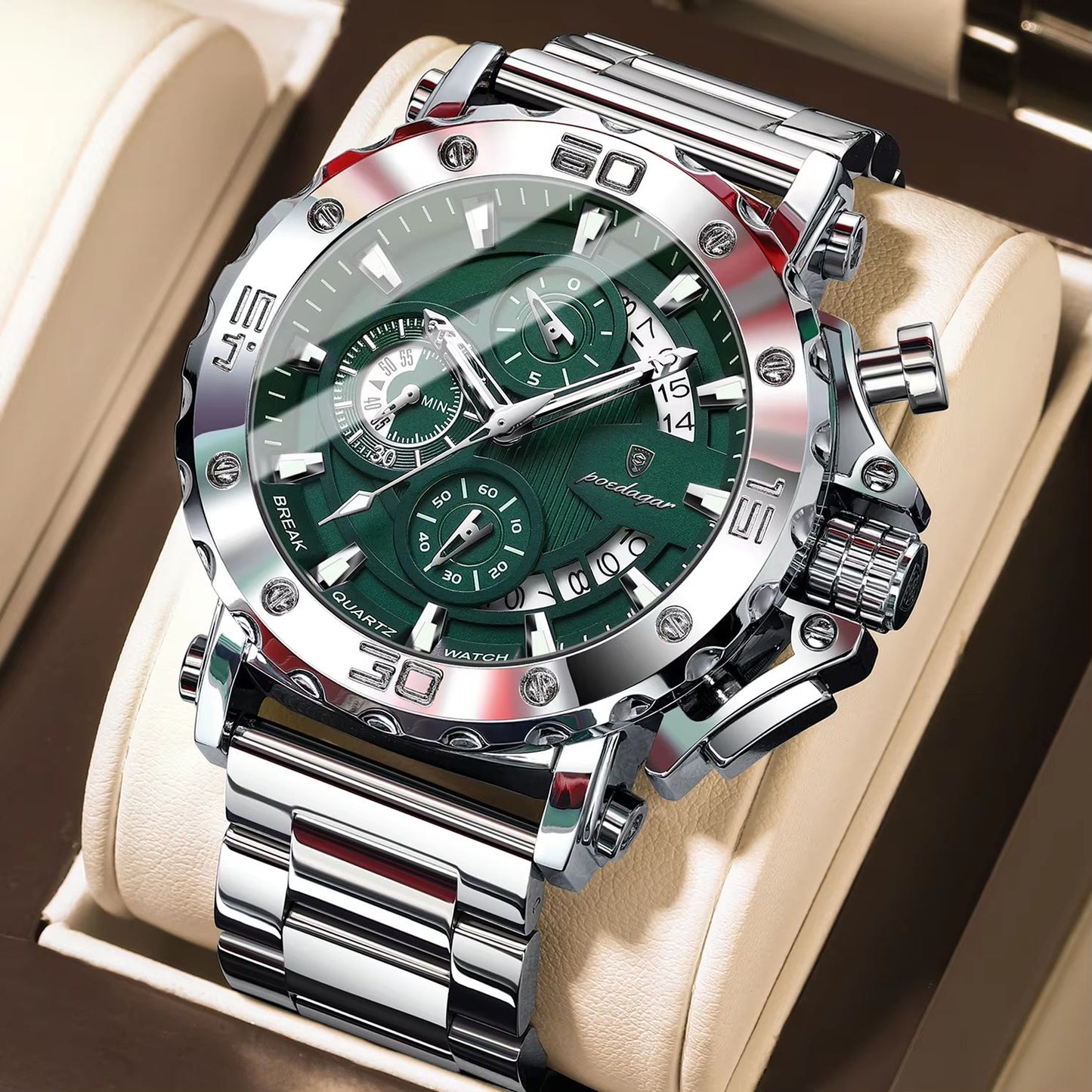 POEDAGAR Luxury Mens Stainless Steel Chronograph Watch Waterproof Luminous Calendar Quartz 8