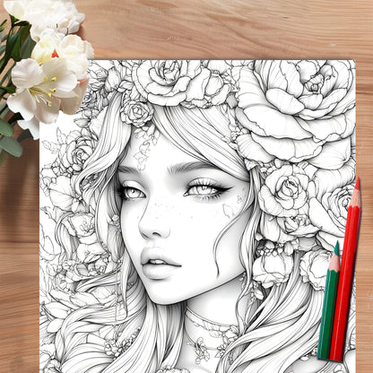 Art Therapy Coloring Book for Adults and Kids, Stress Relief with Flowers and Beautiful Women Themes for Drawing