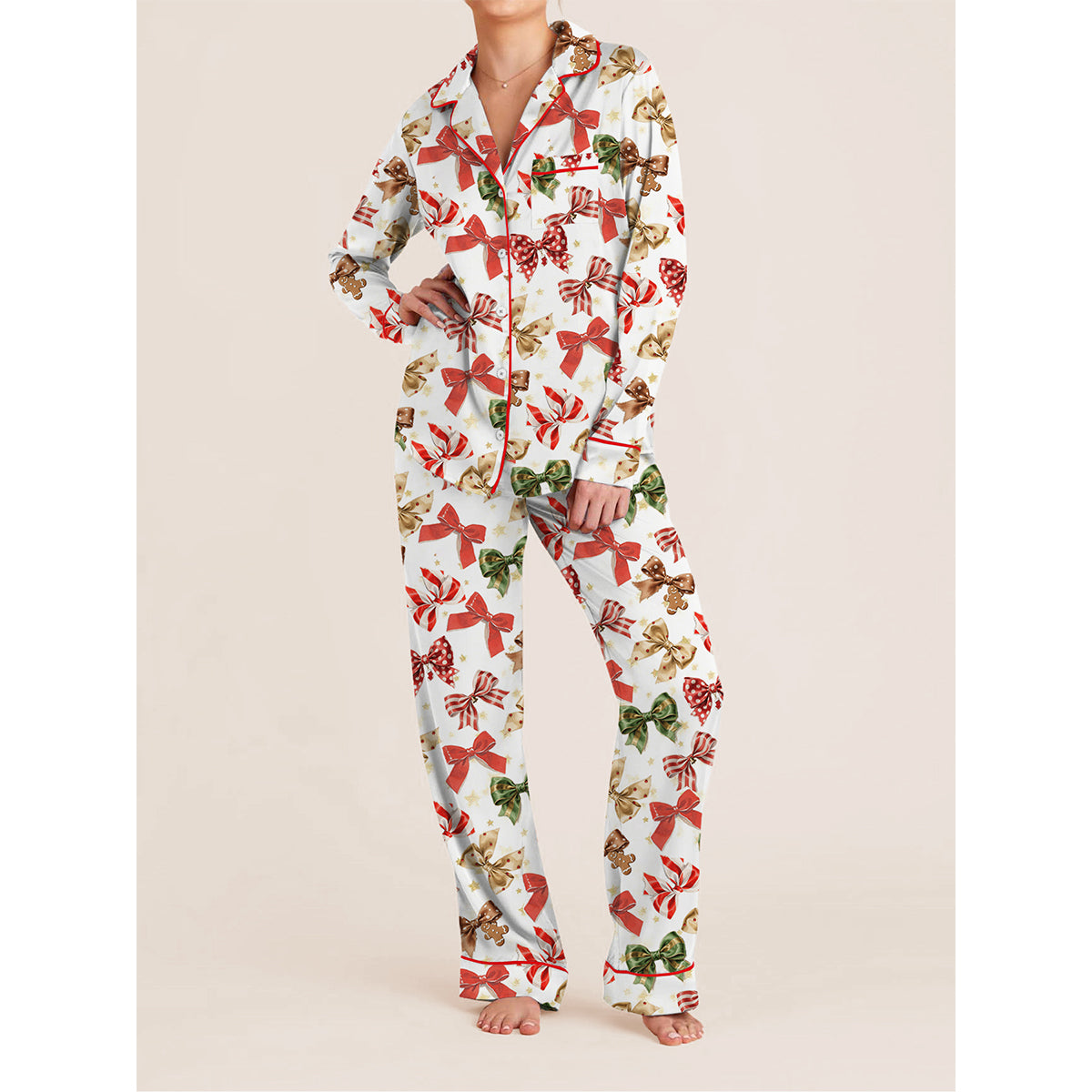 Christmas Women Pajama Set, Festive Long Sleeve Shirt and Pants, Cozy Holiday Sleepwear Loungewear with Bow, Dog
