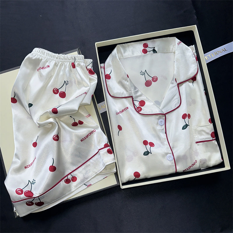Ladies Summer Pajama Set, Cute Cherries Print Two Piece, Casual Shorts and Top, Home Clothes