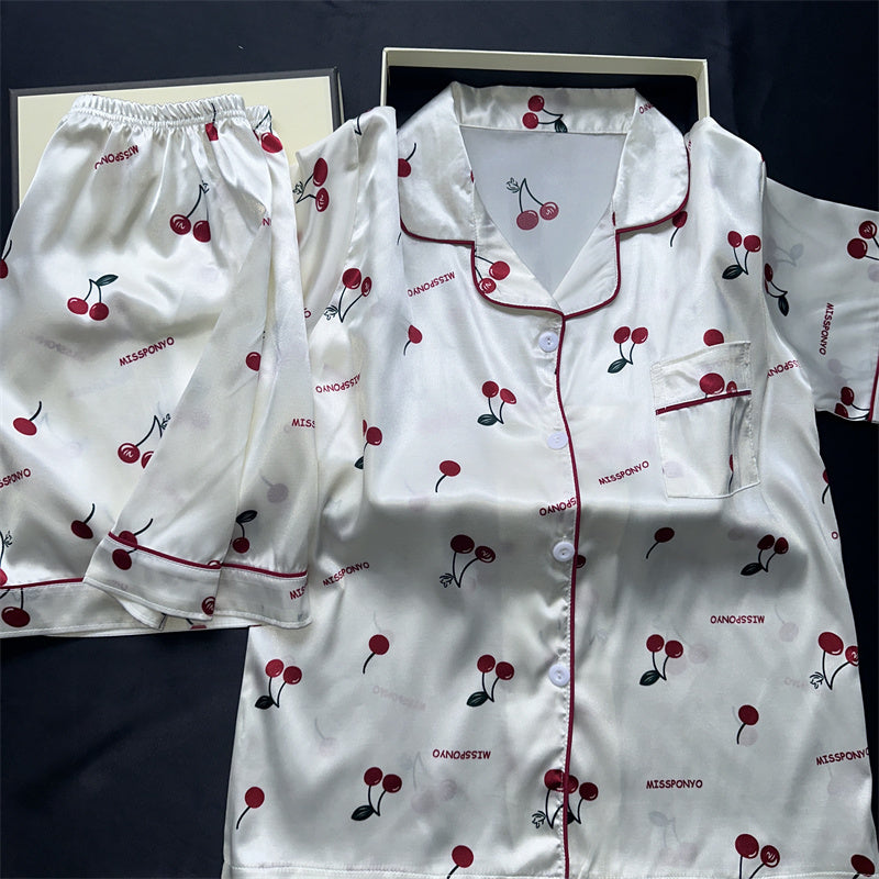 Ladies Summer Pajama Set, Cute Cherries Print Two Piece, Casual Shorts and Top, Home Clothes