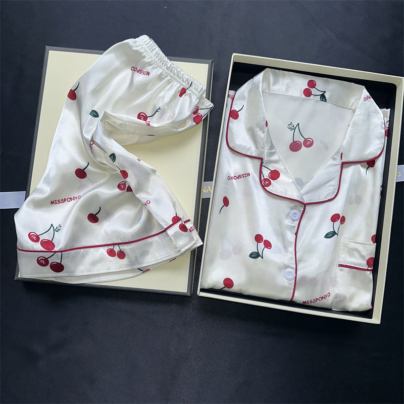 Ladies Summer Pajama Set, Cute Cherries Print Two Piece, Casual Shorts and Top, Home Clothes
