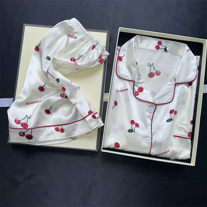 Ladies Summer Pajama Set, Cute Cherries Print Two Piece, Casual Shorts and Top, Home Clothes