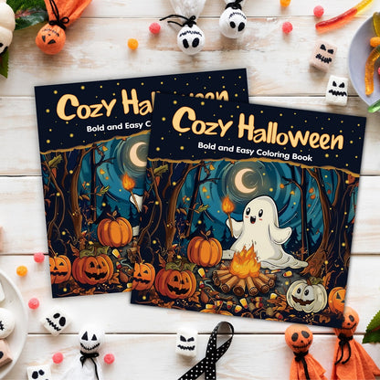 Cozy Halloween Coloring Book for Adults, Bold Easy Art for Stress Relief, Creative Fun Gift for Teens