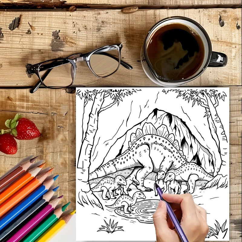 Adult Coloring Book, Dinosaurs in Action, Drawing Supplies for Christmas and Thanksgiving Gifts