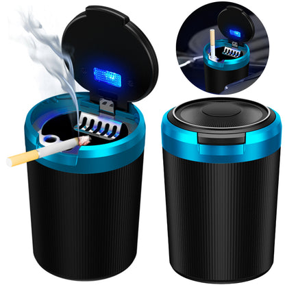 Portable Blue LED Car Ashtray, Smell Proof with Lid, Multi Function Mini Trash Can for Car Travel