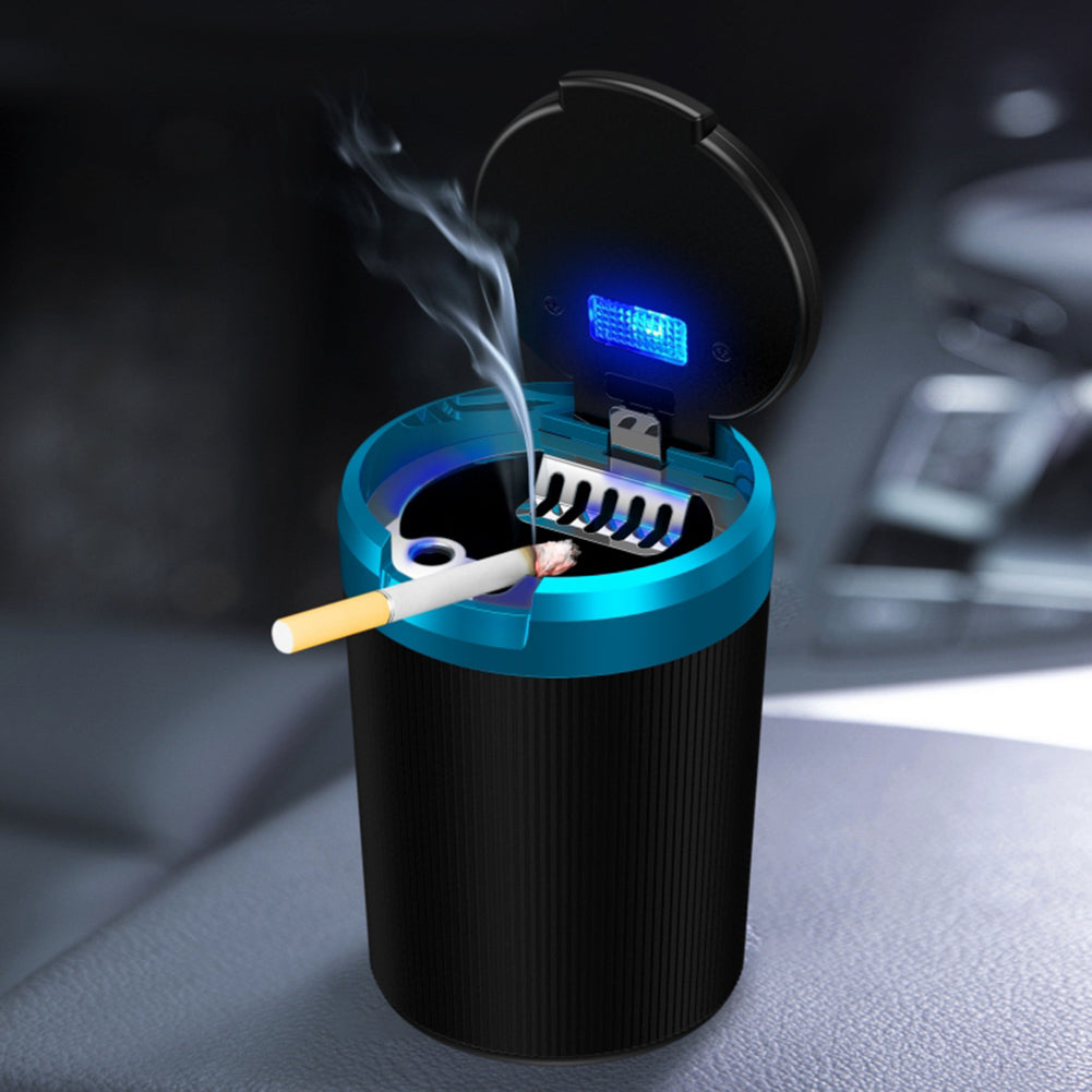 Portable Blue LED Car Ashtray Smell Proof With Lid Multi Function Mini Trash Can For Car Travel 1