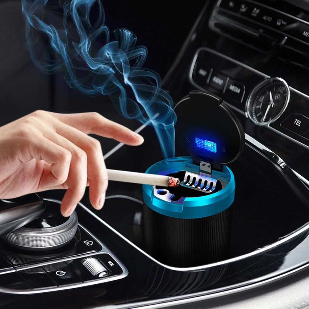 Portable Blue LED Car Ashtray Smell Proof With Lid Multi Function Mini Trash Can For Car Travel 2