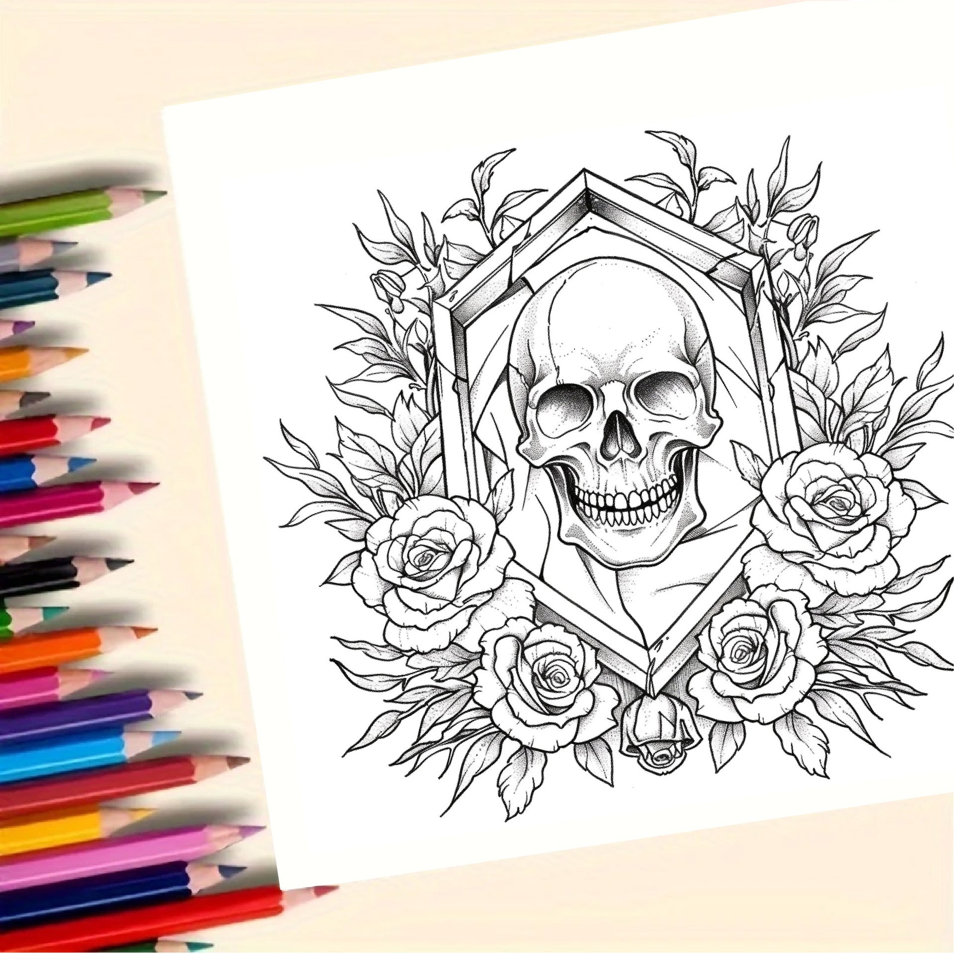 Bview Art Skull Adult Coloring Book, Gothic Doodle Art, 24 Pages of Detailed Designs