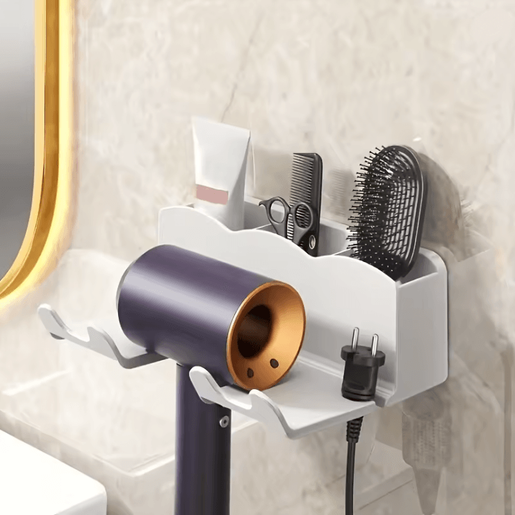 HoldEase Wall Mounted Hair Dryer Holder No Drill Bathroom Organizer