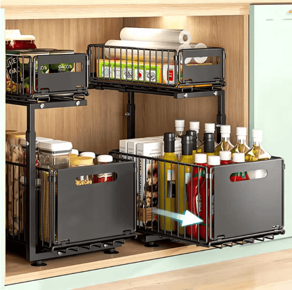 NeatSpace 2 Tier Pull Out Cabinet Organizer with Adjustable Sliding Storage Rack