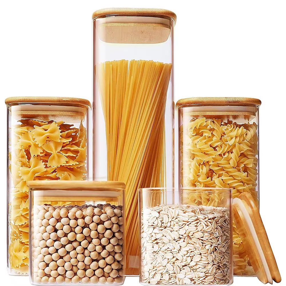 Eco Stack Square Glass Storage Jars with Bamboo Lid – Stylish Airtight Canisters for Coffee, Grains & Pantry Essentials