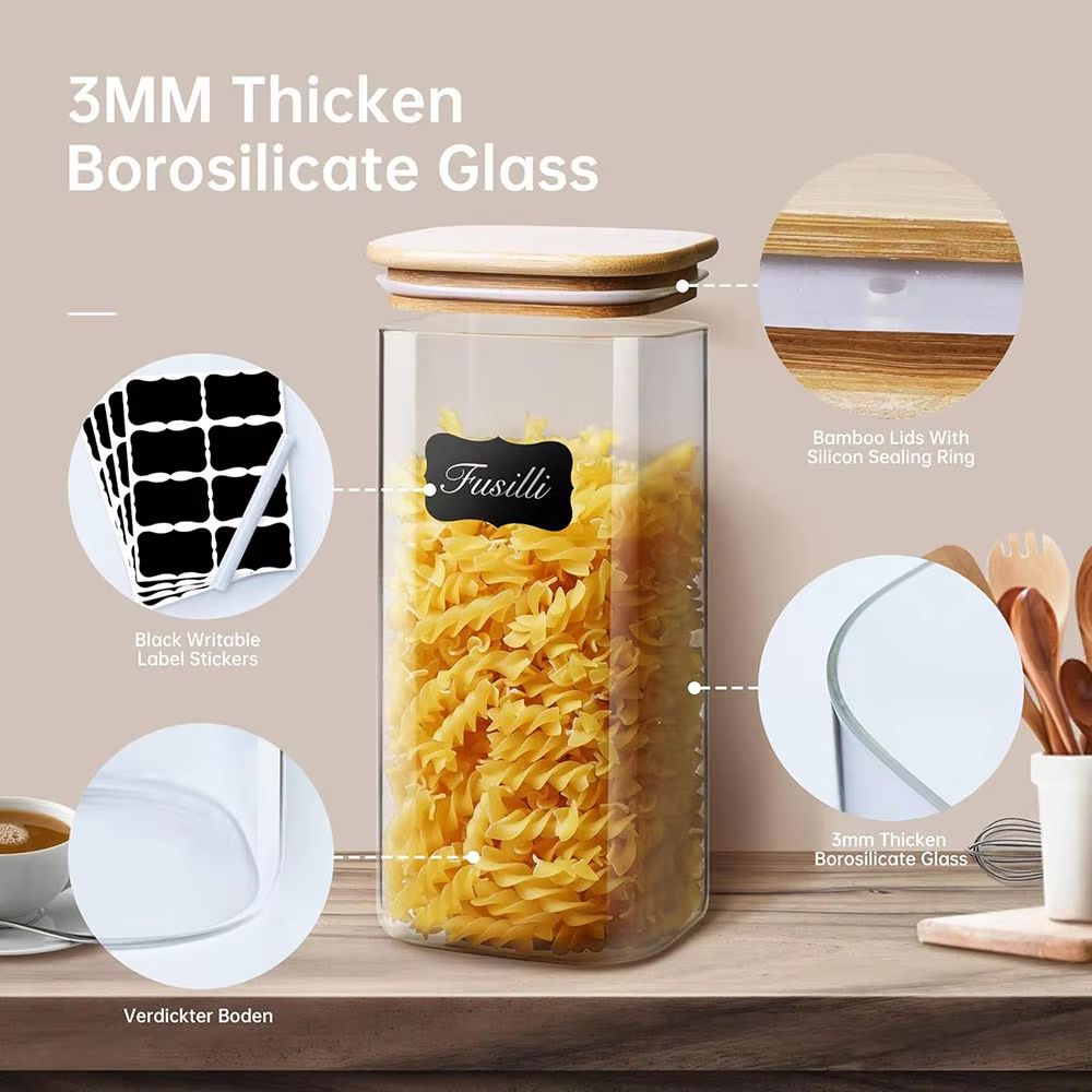 Eco Stack Square Glass Storage Jars With Bamboo Lid  Stylish Airtight Canisters For Coffee Grains   3