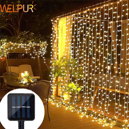 AzureGlow Solar Curtain LED String – 300 LED Outdoor Waterproof Garland for Yard & Festive Decor