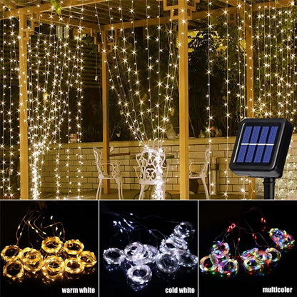 AzureGlow Solar Curtain LED String  300 LED Outdoor Waterproof Garland For Yard  Festive Decor 3