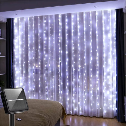 AzureGlow Solar Curtain LED String  300 LED Outdoor Waterproof Garland For Yard  Festive Decor 6