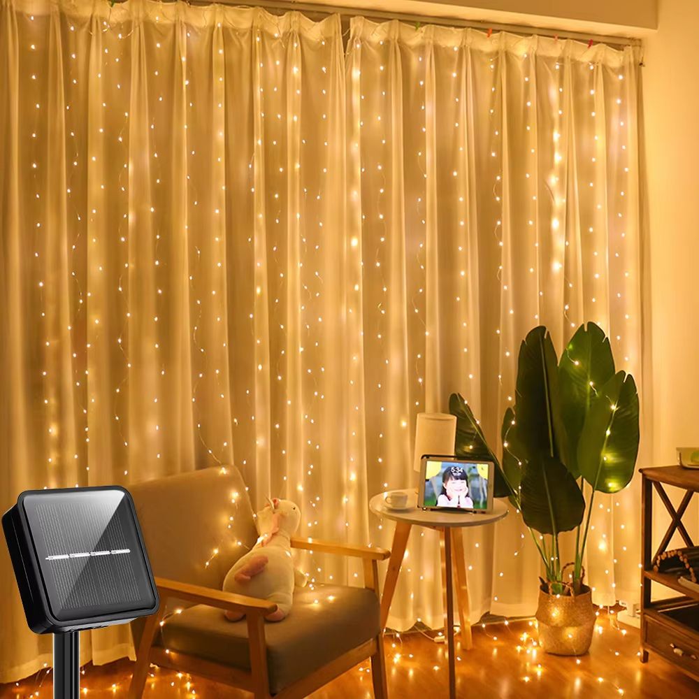 AzureGlow Solar Curtain LED String  300 LED Outdoor Waterproof Garland For Yard  Festive Decor 8