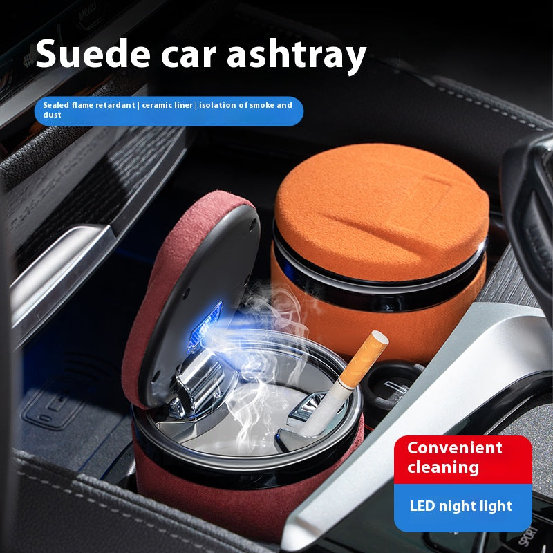 Universal Leather Car Ashtray, with LED Light and Ceramic Liner, for a Simple Light Luxury Feel
