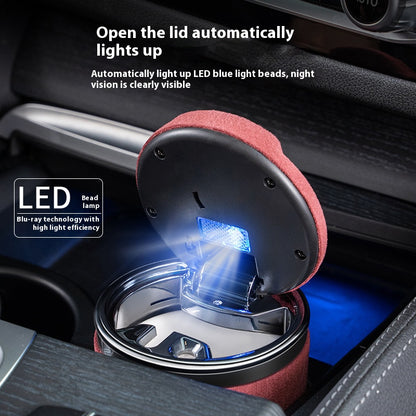 Universal Leather Car Ashtray, with LED Light and Ceramic Liner, for a Simple Light Luxury Feel