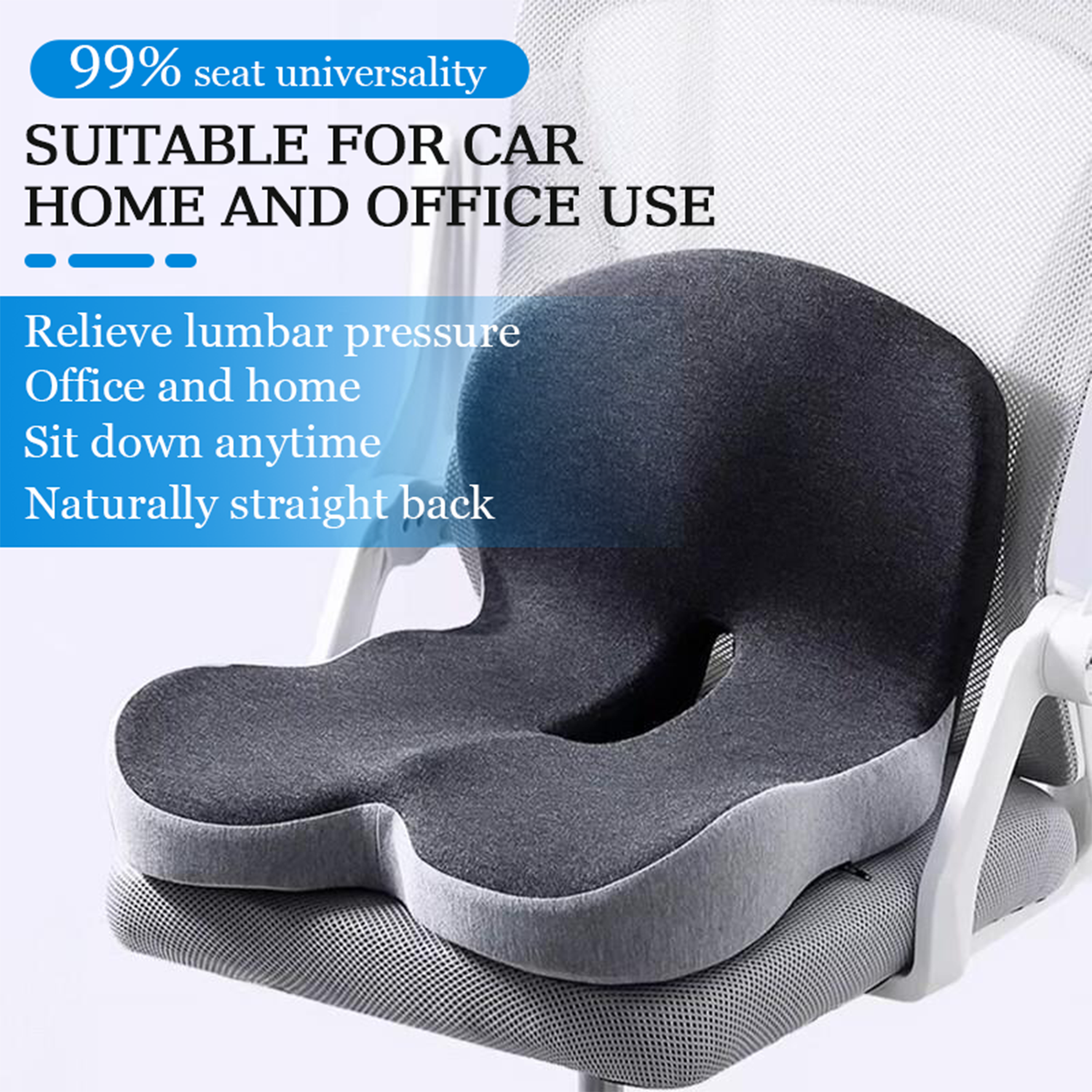 Ergonomic Memory Foam Seat Cushion for Truck, Office, Car, Back Pain and Tailbone Support, Sciatica Relief Pillow