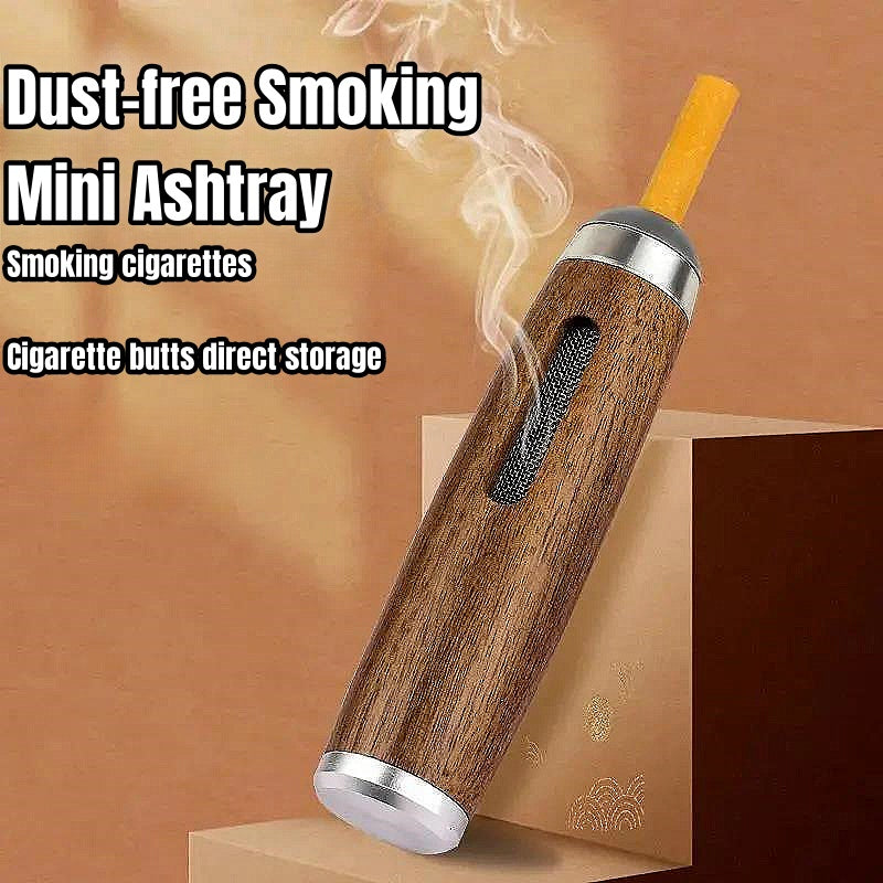 Portable Car Ashtray, Dust Free Smoking Filter, Mini Walnut Wooden Mobile Ashtray for Cigar and Cigarette Accessories