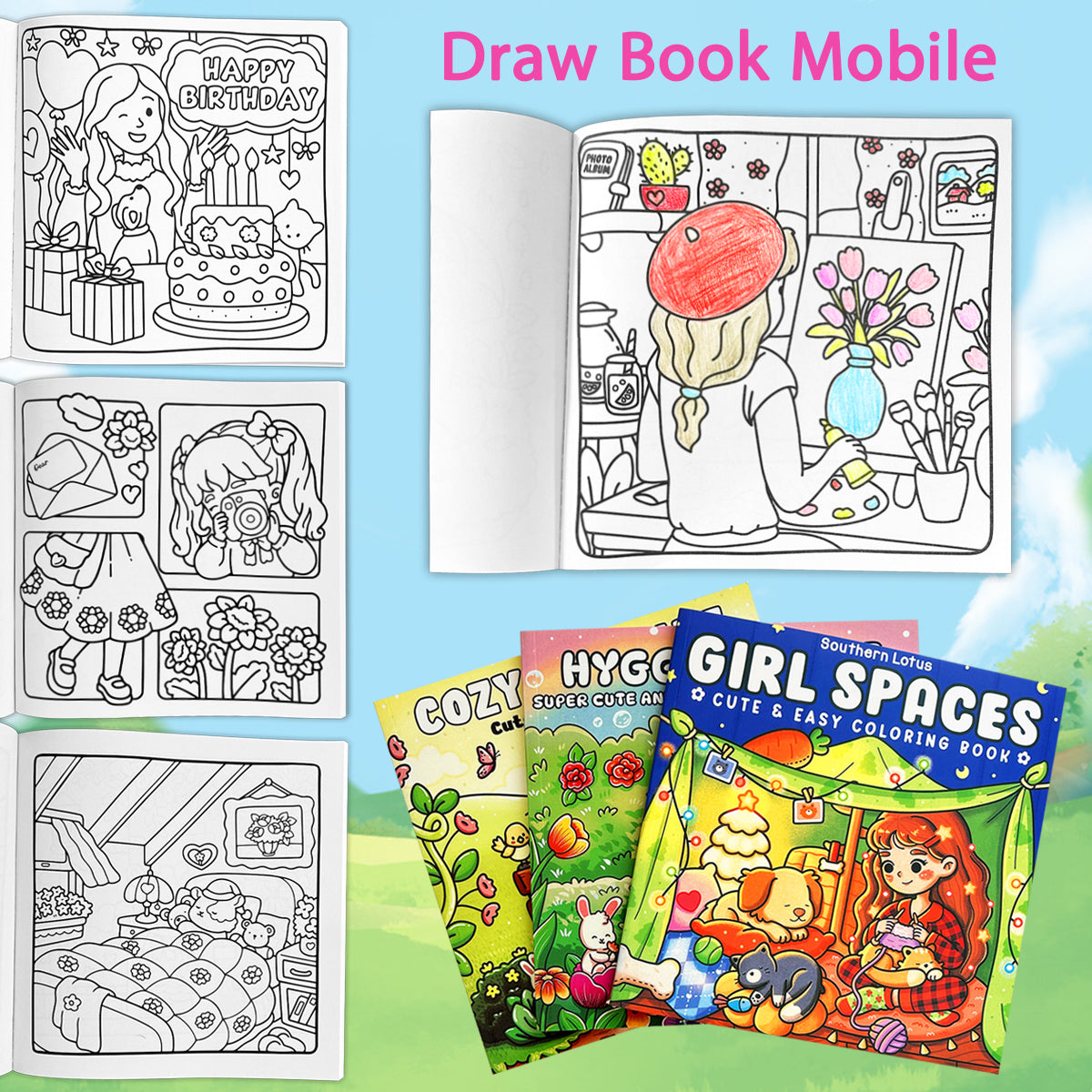 Girls Themed Colouring Book, A Comfortable Space to Paint, Picture Book Mobile, Childrens Coloring Book