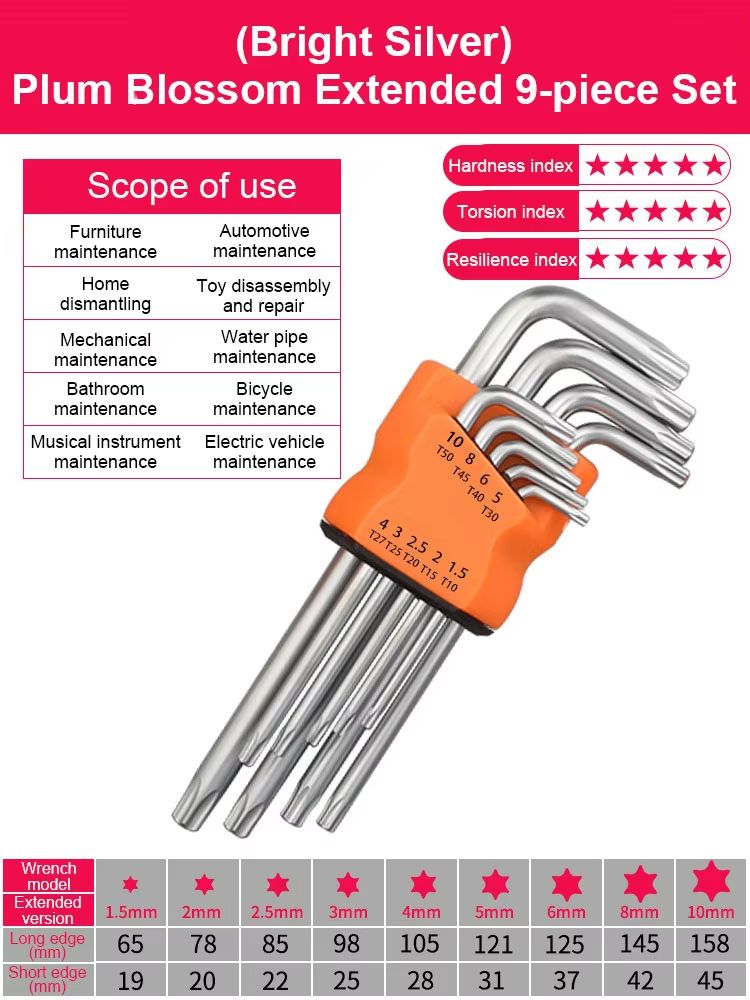 9Piece DualEnd LType Torx Star Wrench Set  Precision Plum Blossom Allen Keys For Hand Repair 7