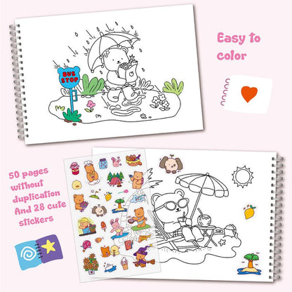 Cute Little Bear Characters Coloring Book, New Animal Theme Graffiti Painting Book for Kids, Adults, and Teens
