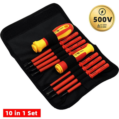10-Piece VDE Insulated Interchangeable Blade Screwdriver Set with Magnetic Tips – 500V Rated, Includes Carry Case