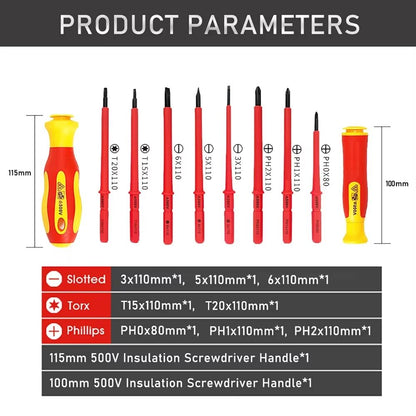 10Piece VDE Insulated Interchangeable Blade Screwdriver Set With Magnetic Tips  500V Rated Includes 4