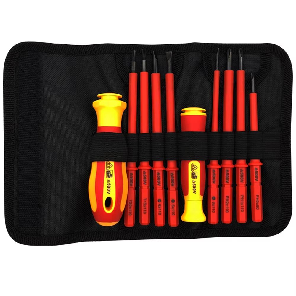10Piece VDE Insulated Interchangeable Blade Screwdriver Set With Magnetic Tips  500V Rated Includes 6