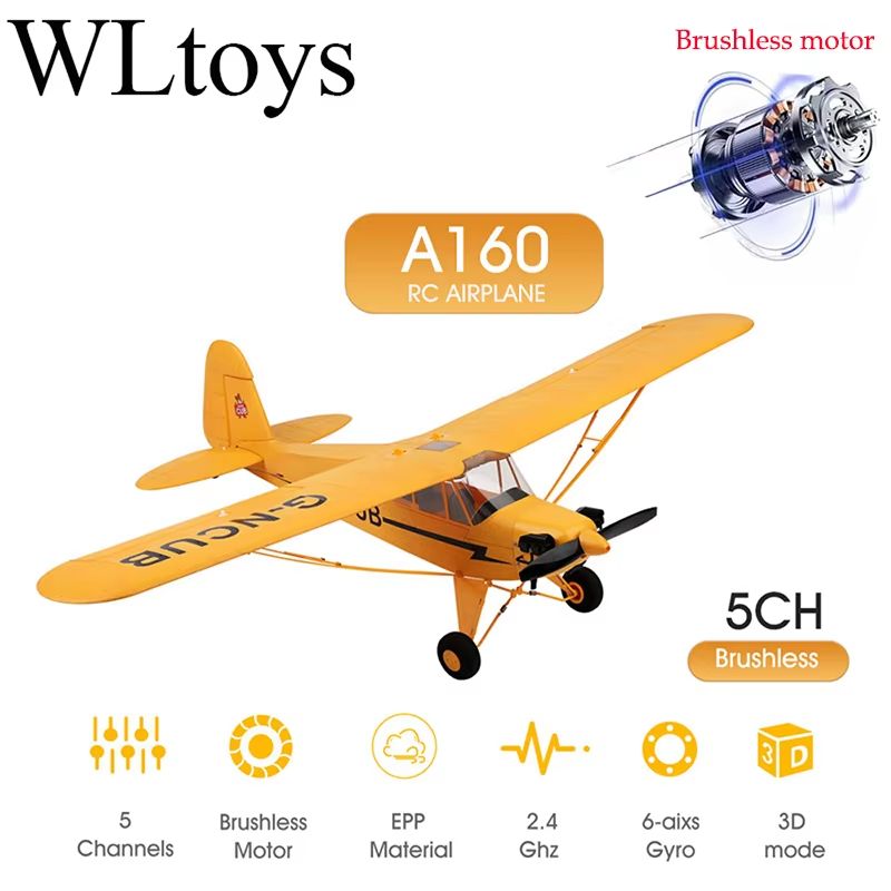 WLtoys A160 J3-CUB RC Airplane – 5-Channel Brushless Motor, 2.4GHz Remote Control, 3D/6G Stabilization, Ready-to-Fly (RT
