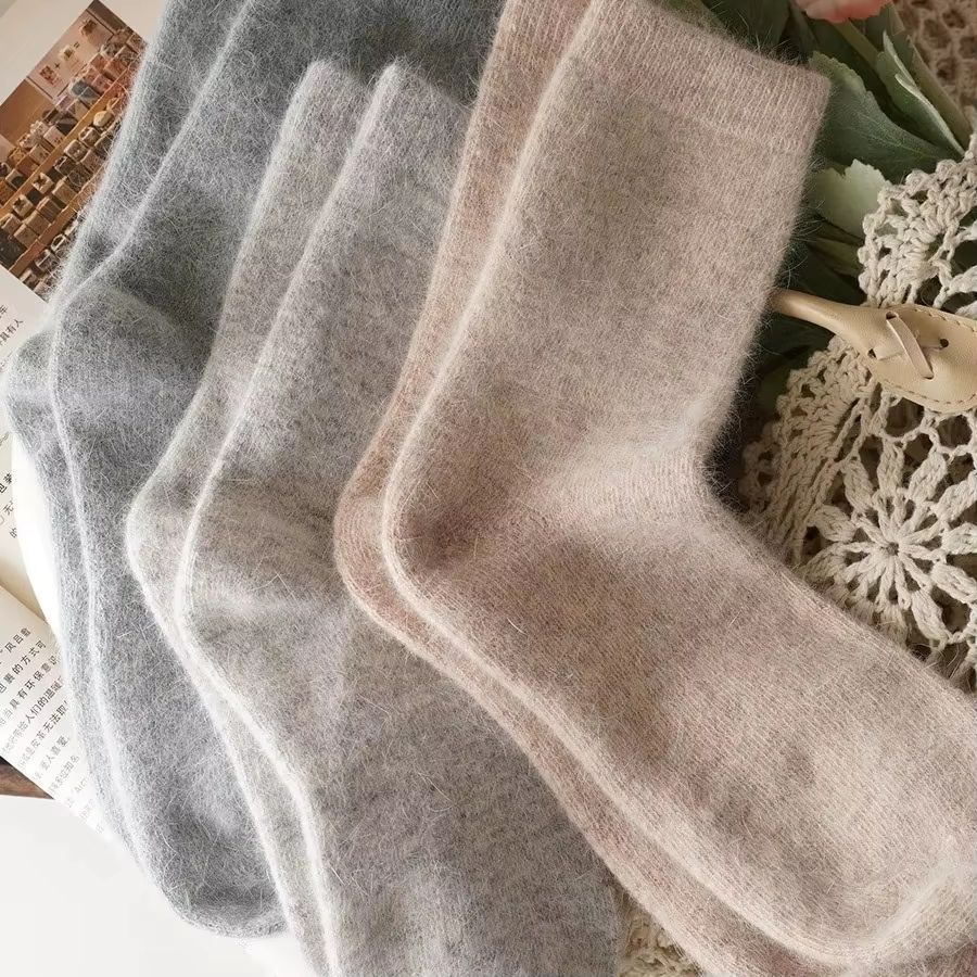 Thickened Wool  Rabbit Hair Winter Socks For Women  Medium Tube CashmereBlend Warmth Black 3