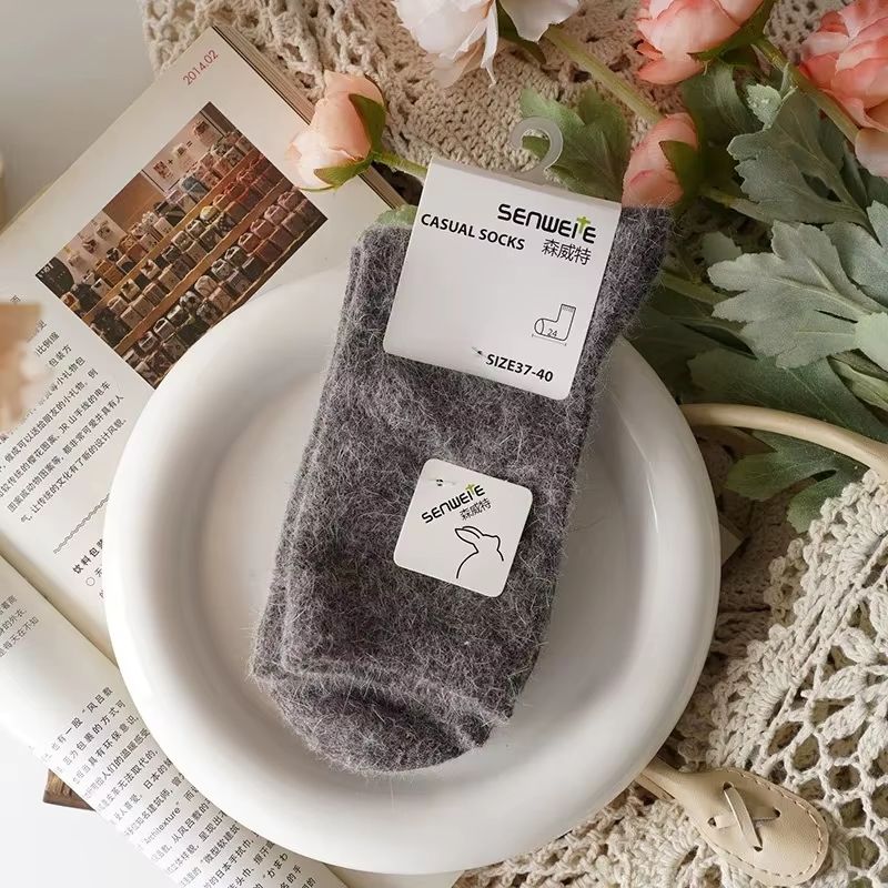 Thickened Wool  Rabbit Hair Winter Socks For Women  Medium Tube CashmereBlend Warmth Black 9