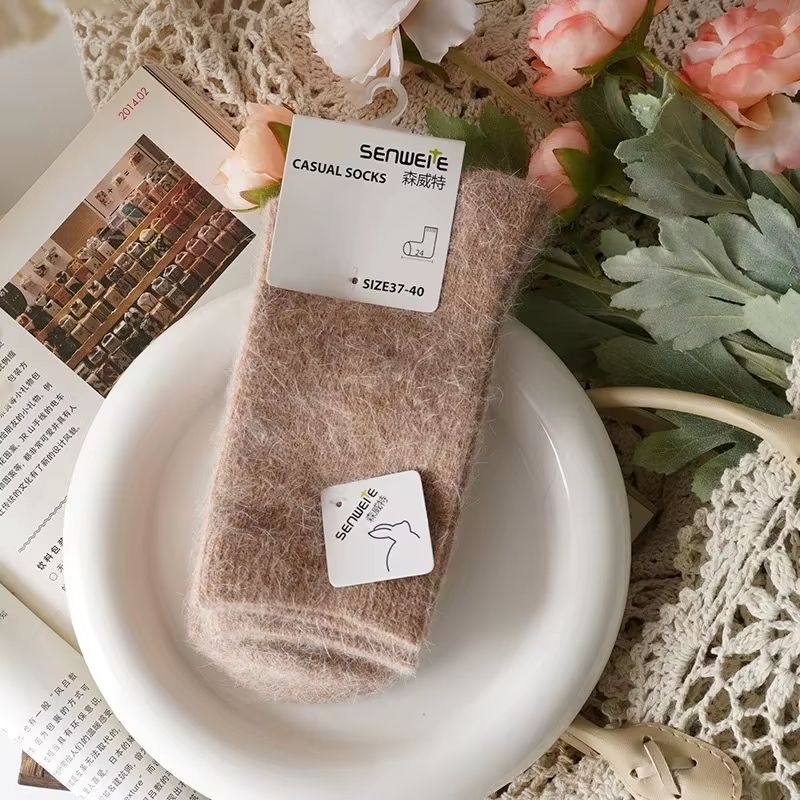 Thickened Wool  Rabbit Hair Winter Socks For Women  Medium Tube CashmereBlend Warmth Black 10