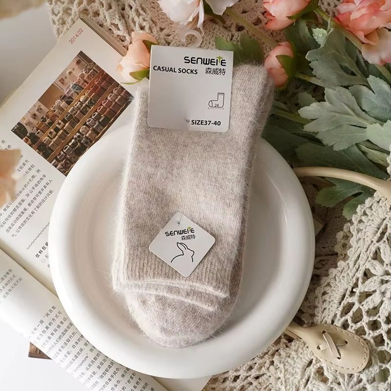 Thickened Wool  Rabbit Hair Winter Socks For Women  Medium Tube CashmereBlend Warmth Black 4