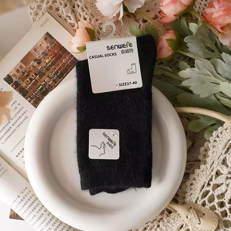 Thickened Wool  Rabbit Hair Winter Socks For Women  Medium Tube CashmereBlend Warmth Black 8