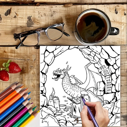 Medieval Castles and Dragons Coloring Book for Adults, Fantasy Art Therapy, Christmas Gift Idea