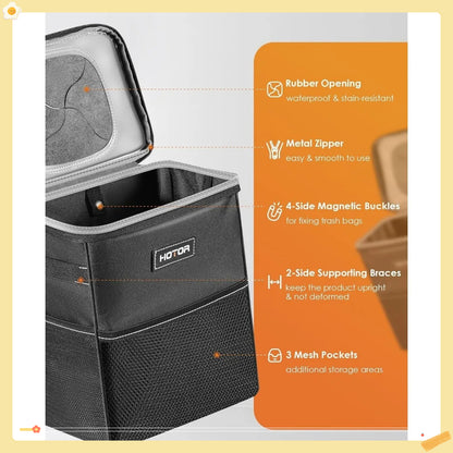 Car Trash Can with Lid, Leak Proof, 2 Gallon Capacity, Storage Pockets Organizer, Black