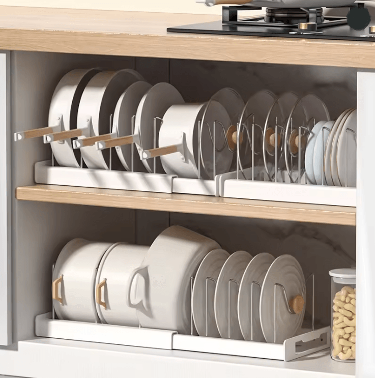 FoldEase Adjustable Kitchen Pot Lid and Utensil Storage Rack