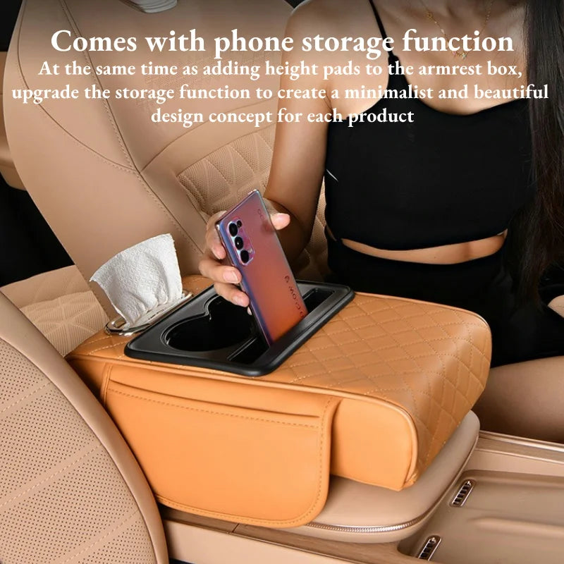 Thickened Car Center Console Armrest Cushion, with Side Extension, Cup Holder, and Tissue Box Organizer
