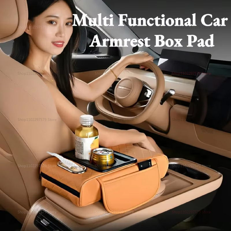 Car Center Console Organizer, Armrest Storage Box with Cup Holder and Heightening Cushion
