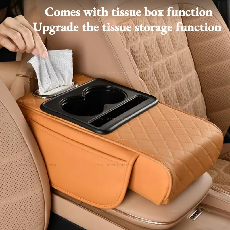 Car Center Console Organizer, Armrest Storage Box with Cup Holder and Heightening Cushion
