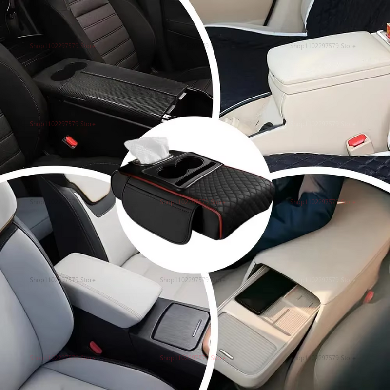Car Center Console Organizer, Armrest Storage Box with Cup Holder and Heightening Cushion